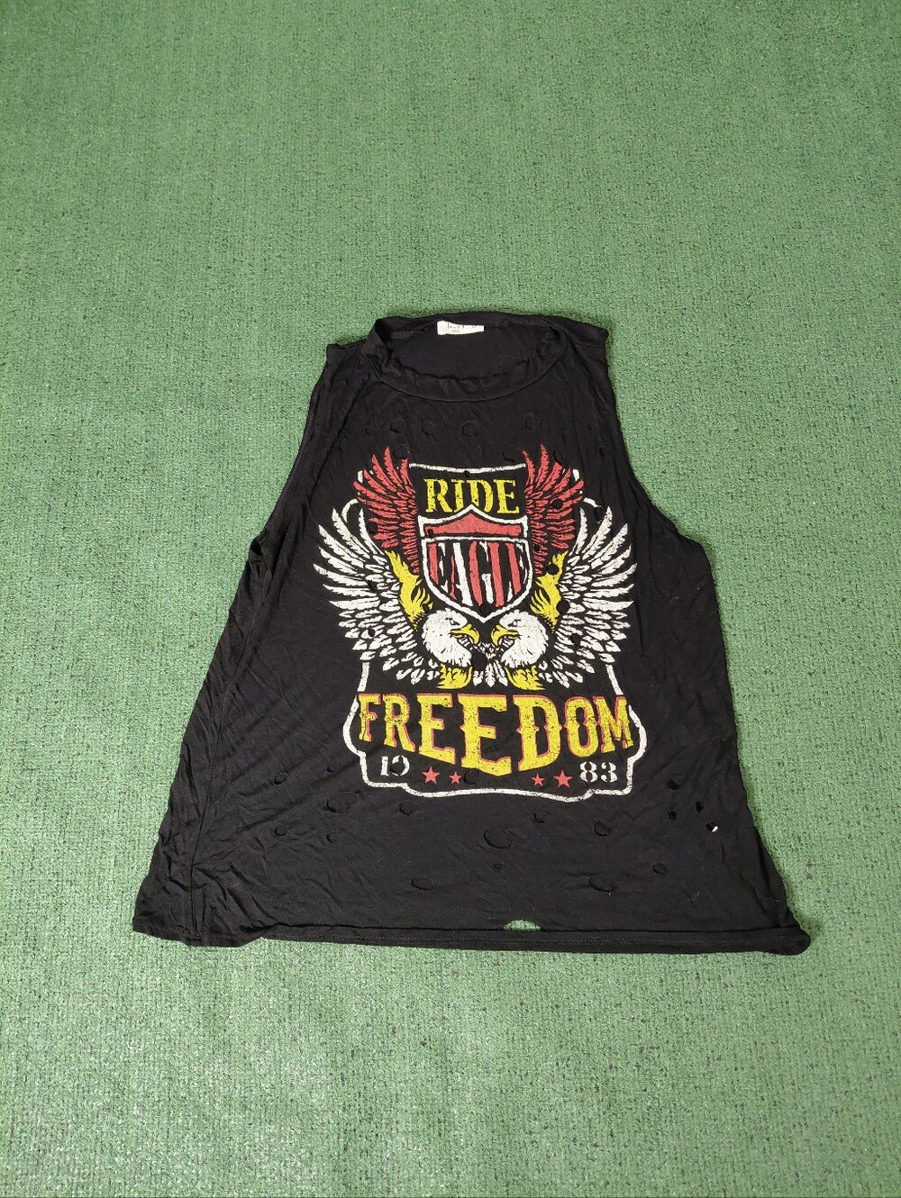 Womens Love J Ride Freedom Eagles Biker Motorcycle Black Polyester Tank Top Sz 2